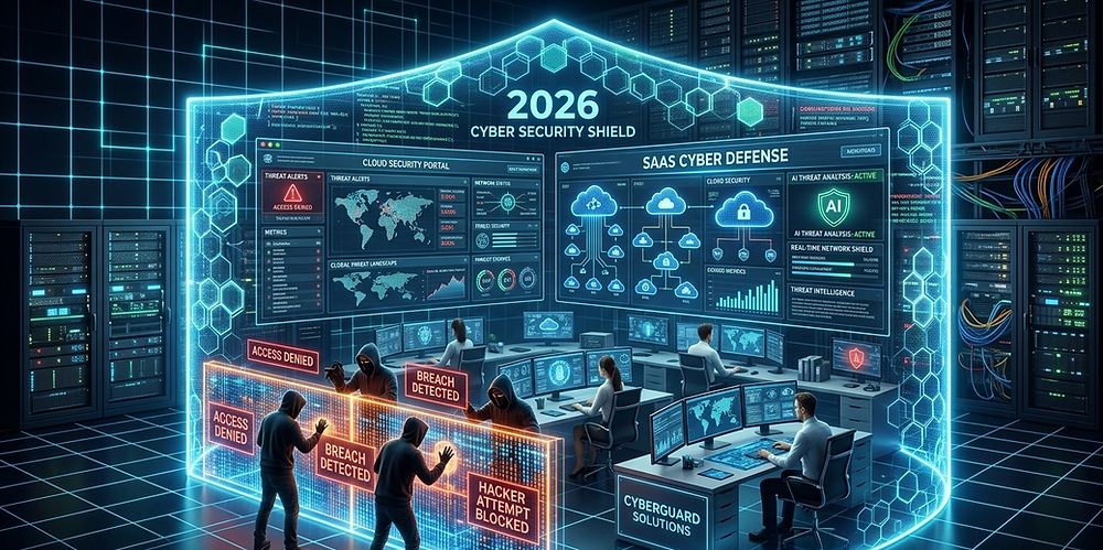 Advanced 2026 cyber security dashboard showing real-time AI threat detection and autonomous defense protocols for enterprise network protection.
